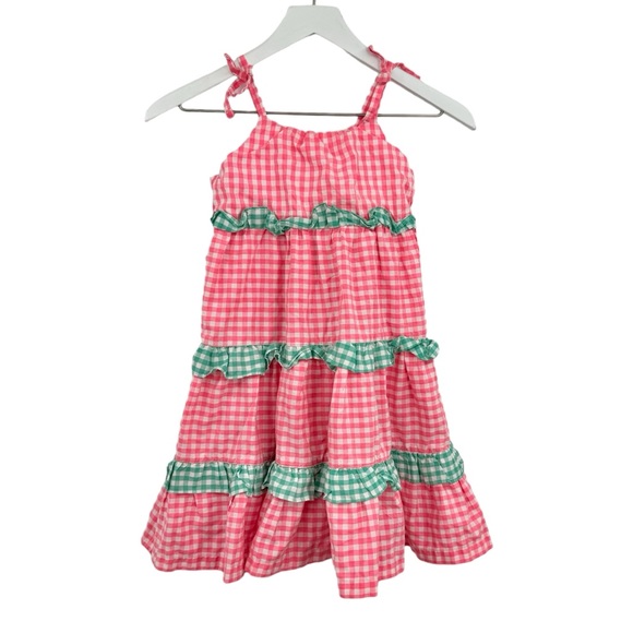 J Crew Crewcuts Gingham Tiered Ruffle Dress Pink Green Size Girls 5 - Picture 2 of 5